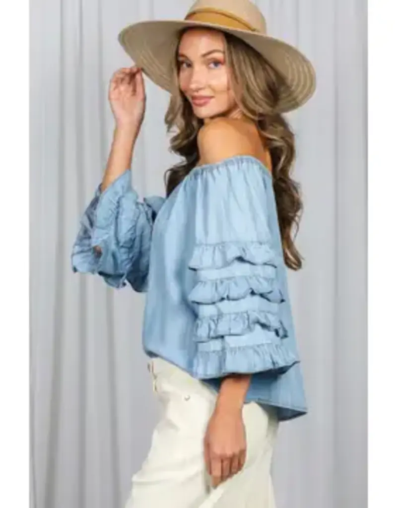 Off the Shoulder Ruffle Sleeve Chambray Top