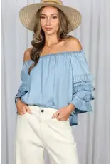Off the Shoulder Ruffle Sleeve Chambray Top