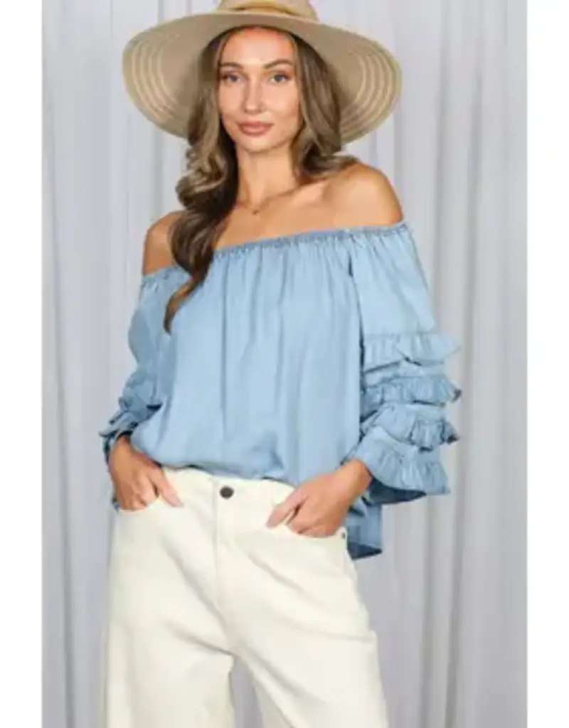 Off the Shoulder Ruffle Sleeve Chambray Top