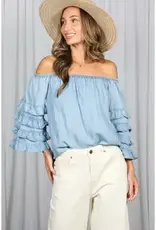 Off the Shoulder Ruffle Sleeve Chambray Top