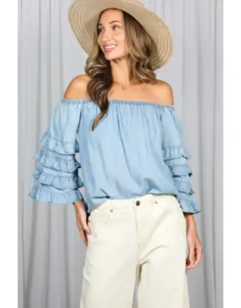 Off the Shoulder Ruffle Sleeve Chambray Top