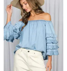 Off the Shoulder Ruffle Sleeve Chambray Top