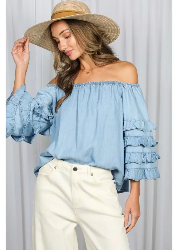 Off the Shoulder Ruffle Sleeve Chambray Top