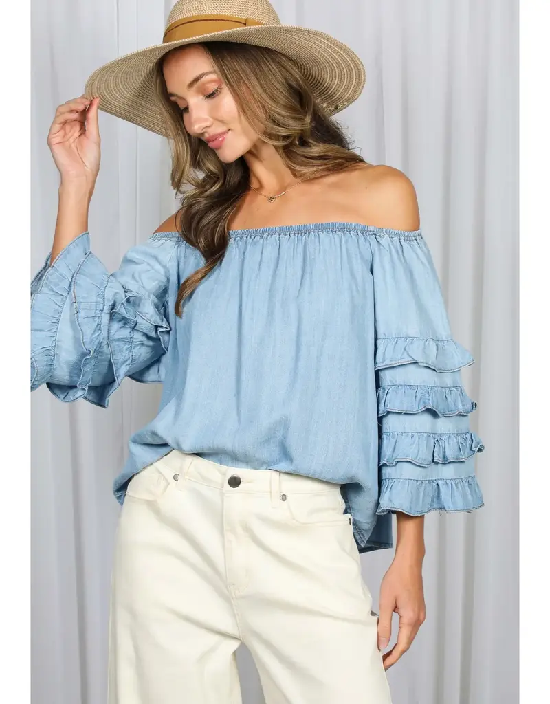 Off the Shoulder Ruffle Sleeve Chambray Top