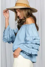 Off the Shoulder Ruffle Sleeve Chambray Top