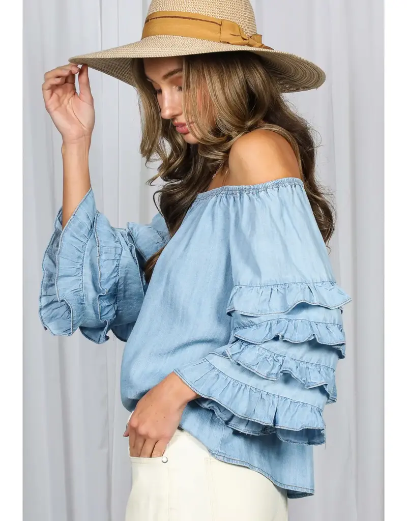 Off the Shoulder Ruffle Sleeve Chambray Top