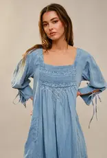 Nicole Square Neck Front Stitch Detail Chambray Dress