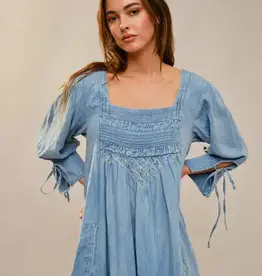 Nicole Square Neck Front Stitch Detail Chambray Dress