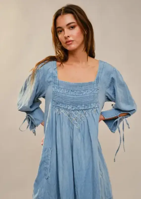Nicole Square Neck Front Stitch Detail Chambray Dress