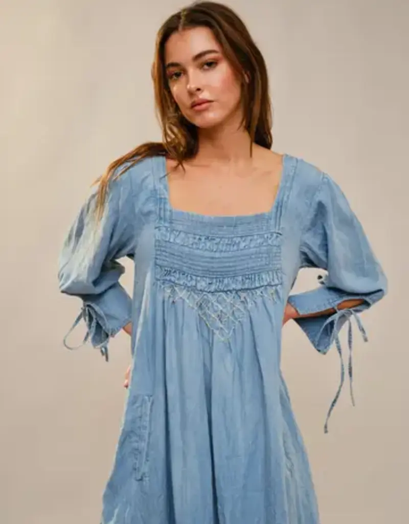Nicole Square Neck Front Stitch Detail Chambray Dress