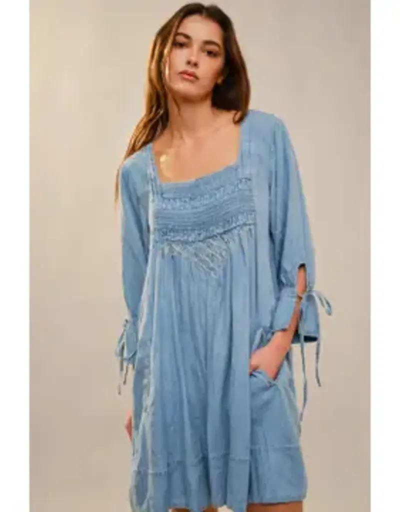 Nicole Square Neck Front Stitch Detail Chambray Dress