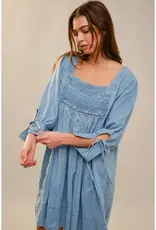 Nicole Square Neck Front Stitch Detail Chambray Dress
