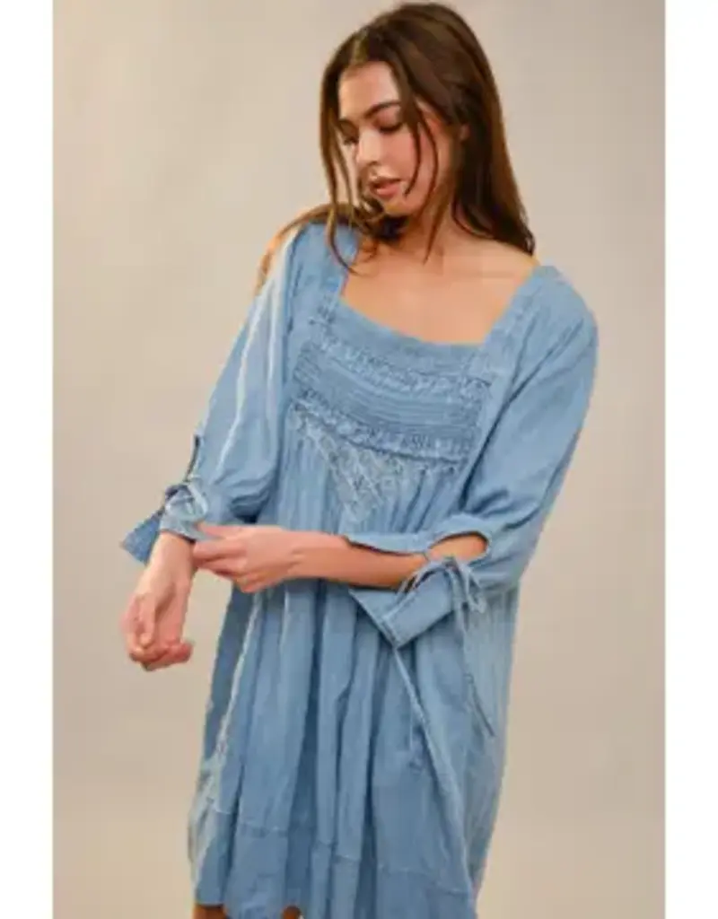 Nicole Square Neck Front Stitch Detail Chambray Dress