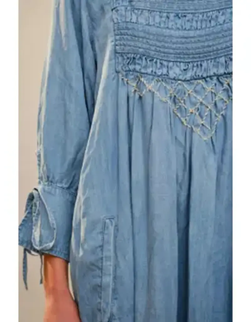 Nicole Square Neck Front Stitch Detail Chambray Dress