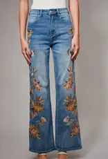 Flower Embroidery Side Detail Flare Jean