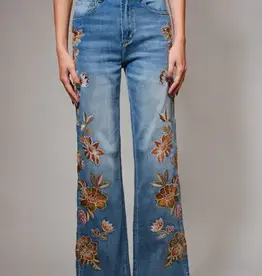 Flower Embroidery Side Detail Flare Jean