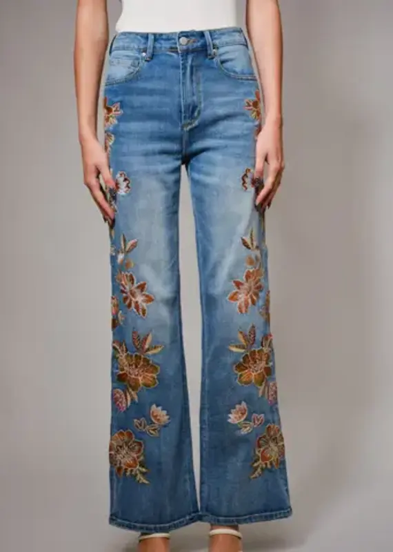 Flower Embroidery Side Detail Flare Jean