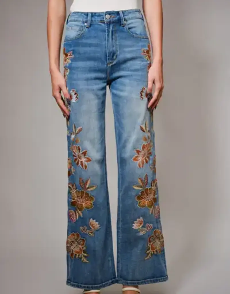 Flower Embroidery Side Detail Flare Jean