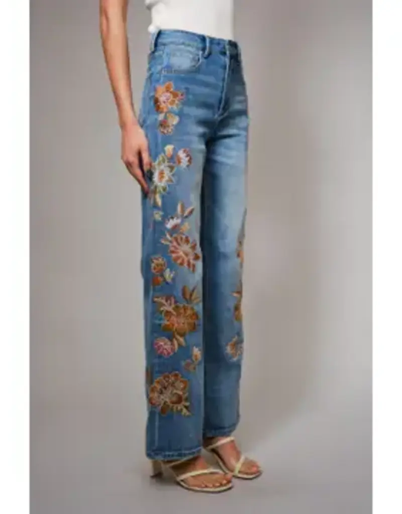Flower Embroidery Side Detail Flare Jean