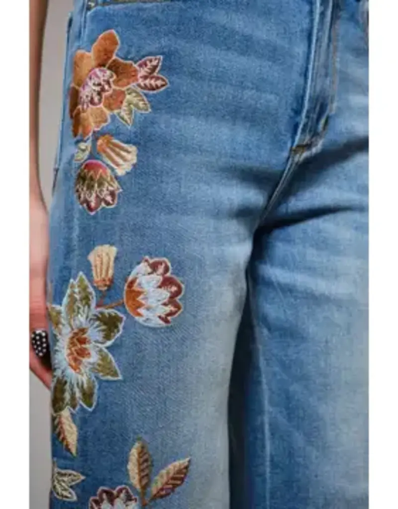 Flower Embroidery Side Detail Flare Jean
