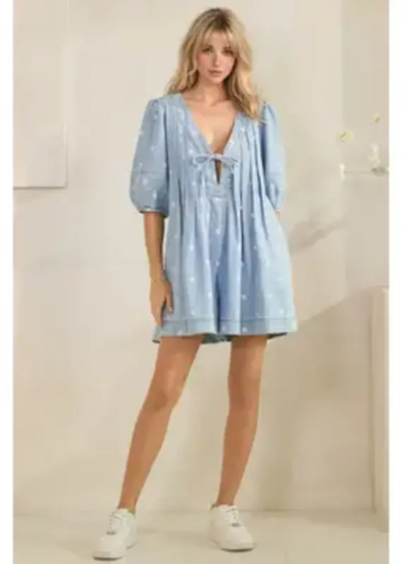 Dana Polka Dot Pleated Denim Romper