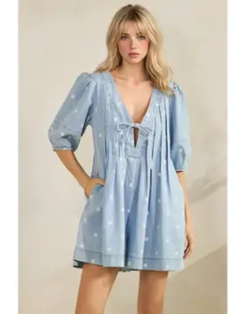 Dana Polka Dot Pleated Denim Romper