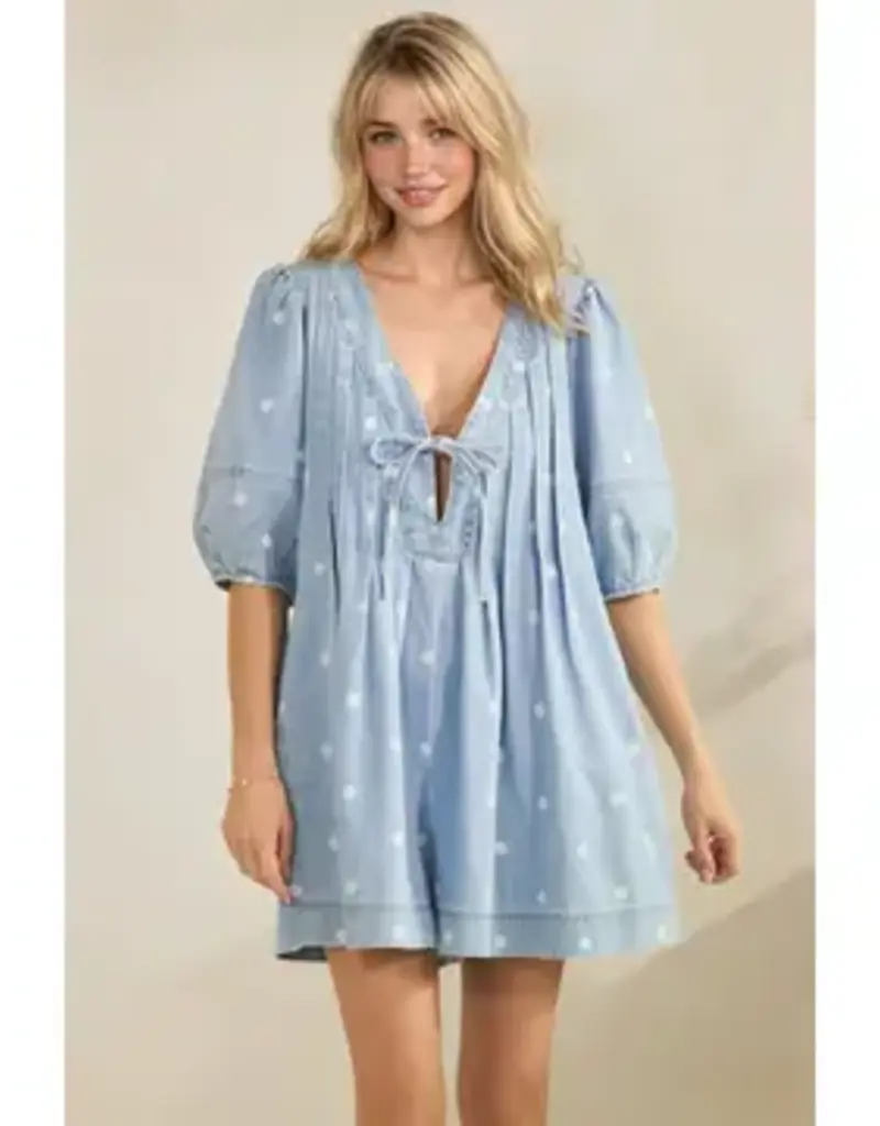 Dana Polka Dot Pleated Denim Romper