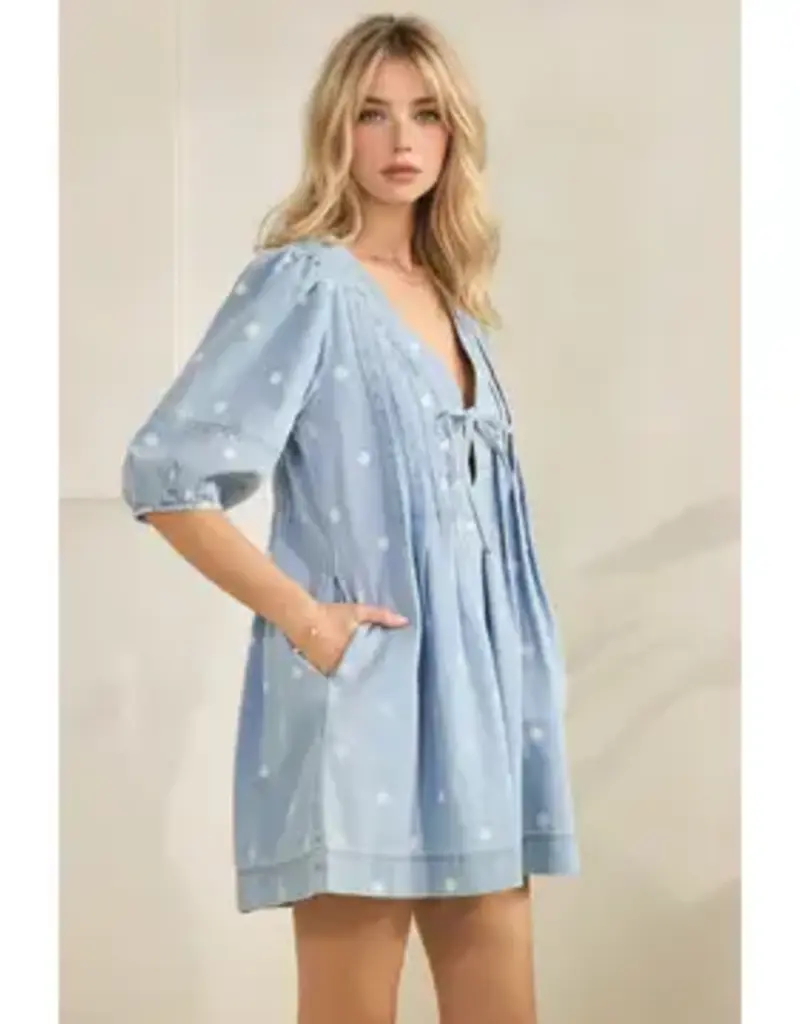 Dana Polka Dot Pleated Denim Romper