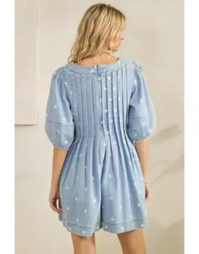 Dana Polka Dot Pleated Denim Romper
