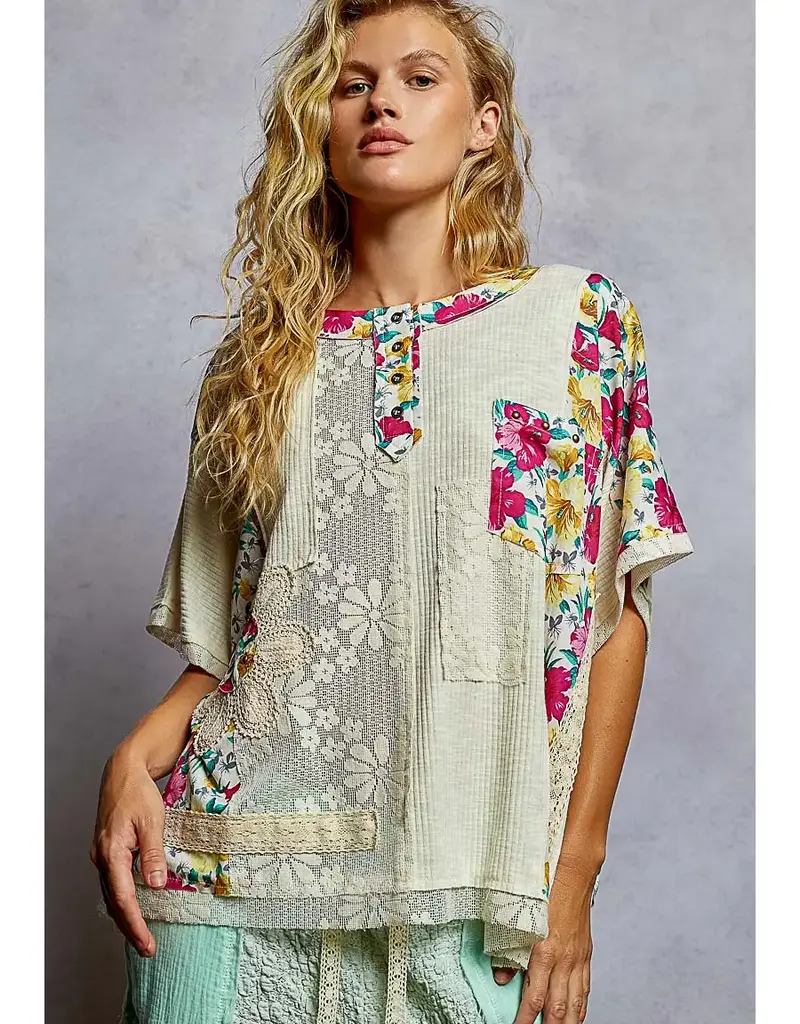 Unique Patchwork Lace Floral Knit Top - Available in Natural & Pink