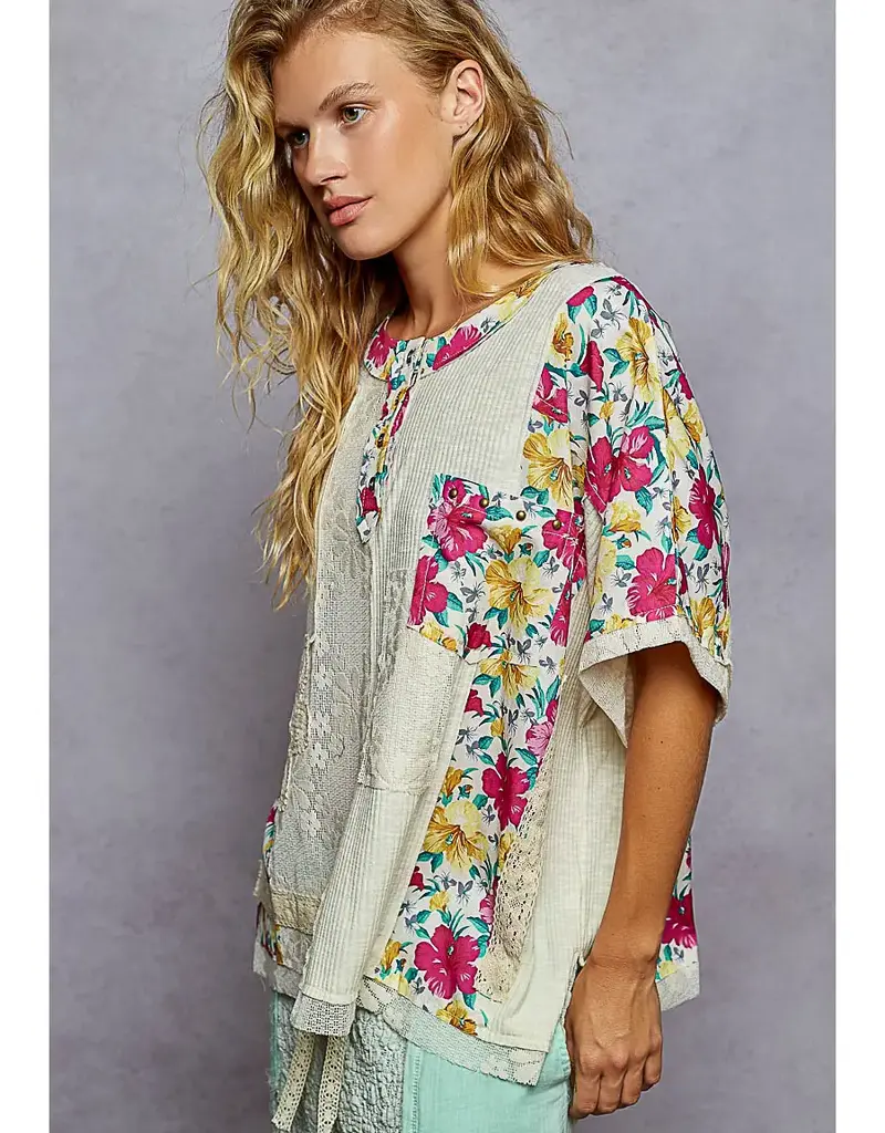 Unique Patchwork Lace Floral Knit Top - Available in Natural & Pink