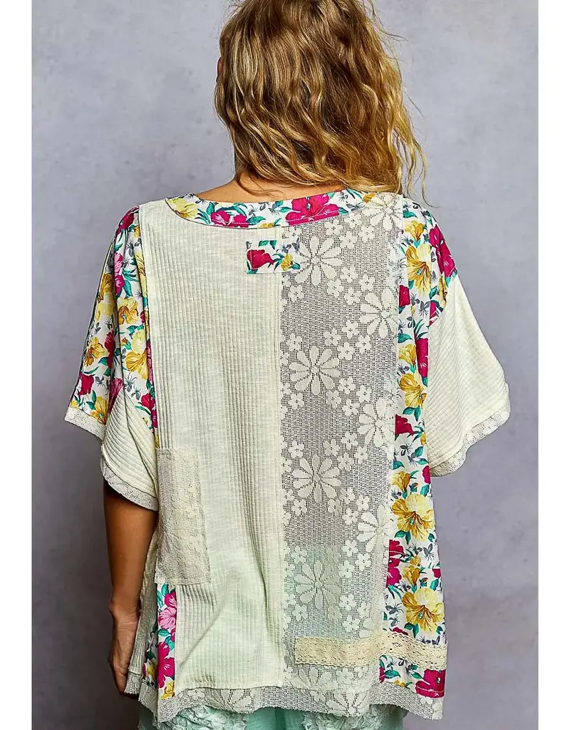 Unique Patchwork Lace Floral Knit Top - Available in Natural & Pink