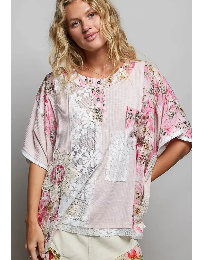 Unique Patchwork Lace Floral Knit Top - Available in Natural & Pink