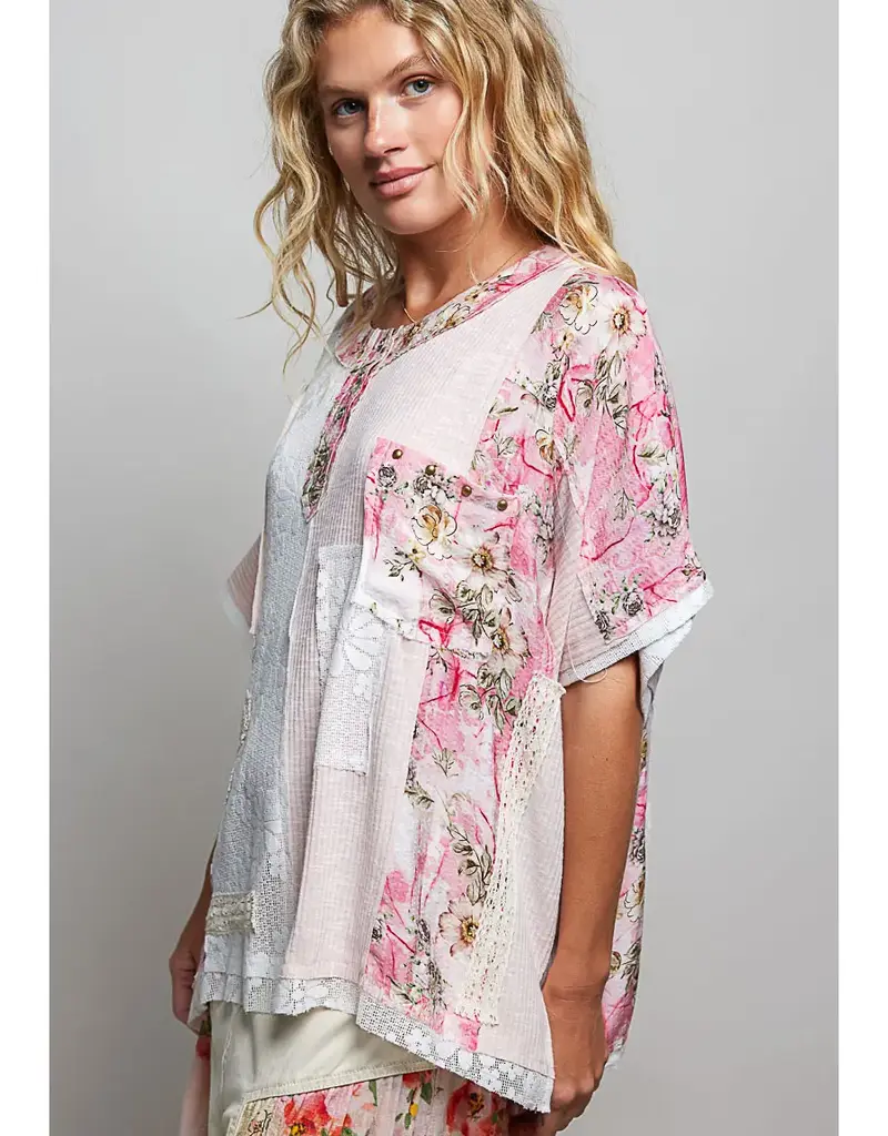 Unique Patchwork Lace Floral Knit Top - Available in Natural & Pink