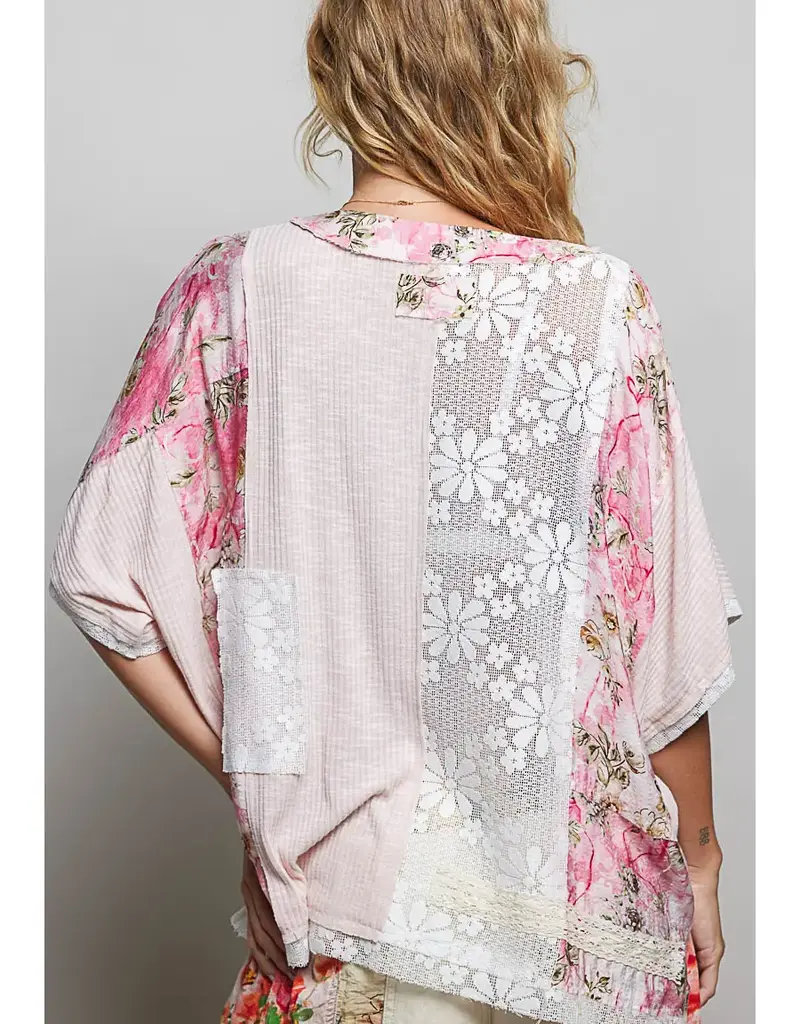 Unique Patchwork Lace Floral Knit Top - Available in Natural & Pink