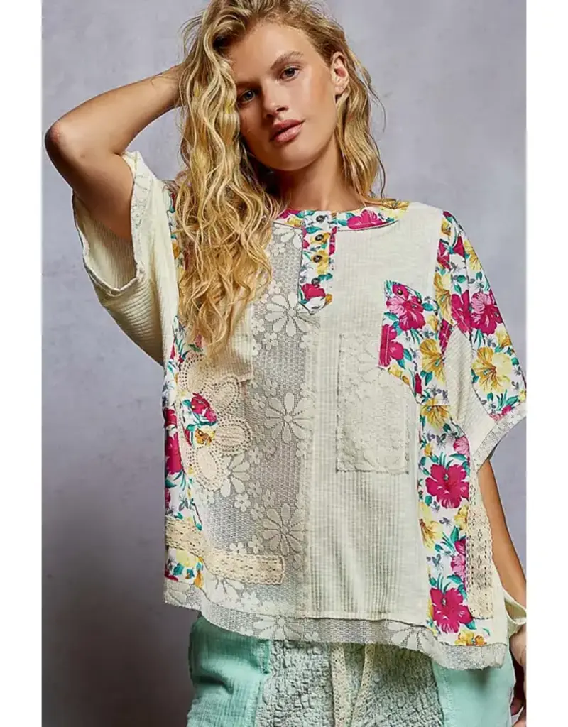 Unique Patchwork Lace Floral Knit Top - Available in Natural & Pink