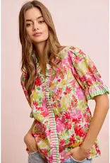 Wanda Flower Print Stripe Woven Contrast Top