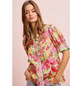 Wanda Flower Print Stripe Woven Contrast Top