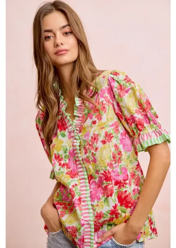 Wanda Flower Print Stripe Woven Contrast Top