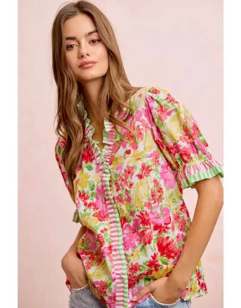 Wanda Flower Print Stripe Woven Contrast Top