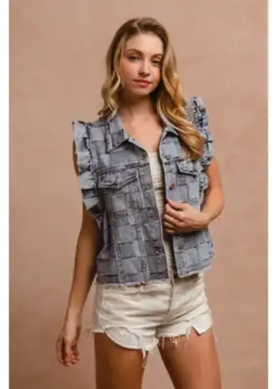 Vintage Washed Gingham Denim Vest