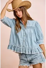 Washed Light Denim Smocked Detail Ruffled Jacket/Top