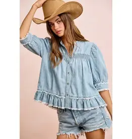 Washed Light Denim Smocked Detail Ruffled Jacket/Top