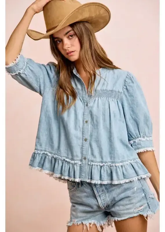 Washed Light Denim Smocked Detail Ruffled Jacket/Top