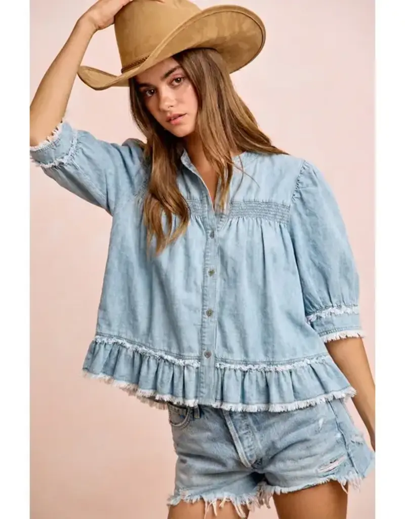 Washed Light Denim Smocked Detail Ruffled Jacket/Top