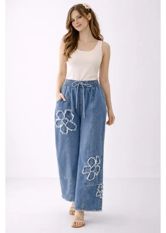 Floral Patch Wide Leg Denim Pant