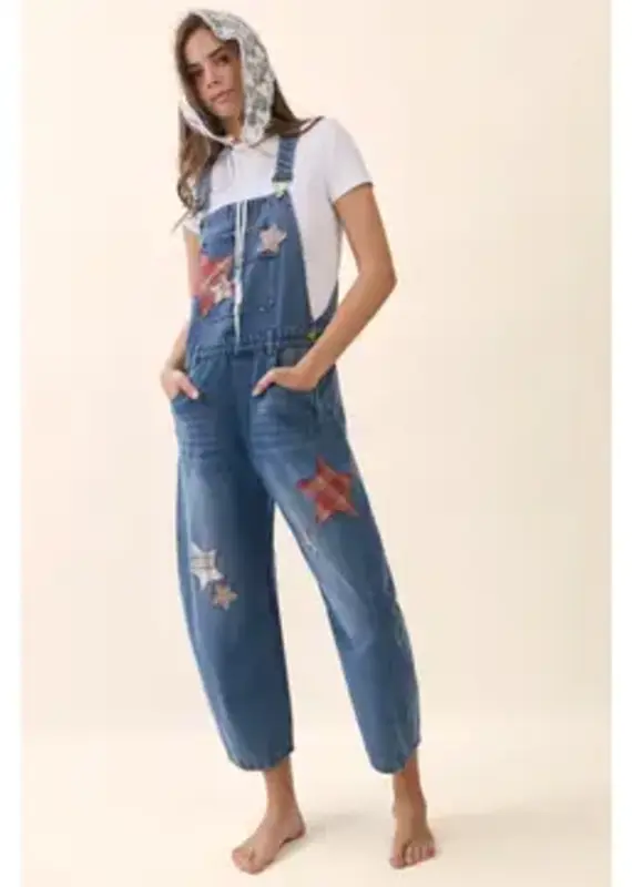 Bree Star Patch Denim Barrel Overall