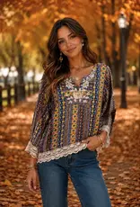 Heather Printed & Embroidery Detail Top