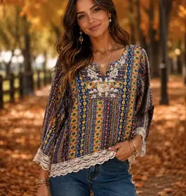Heather Printed & Embroidery Detail Top