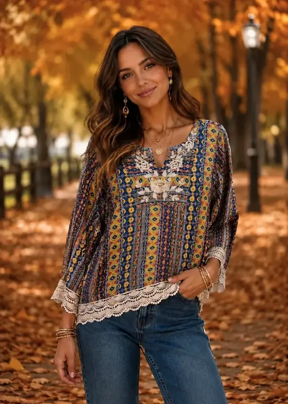 Heather Printed & Embroidery Detail Top